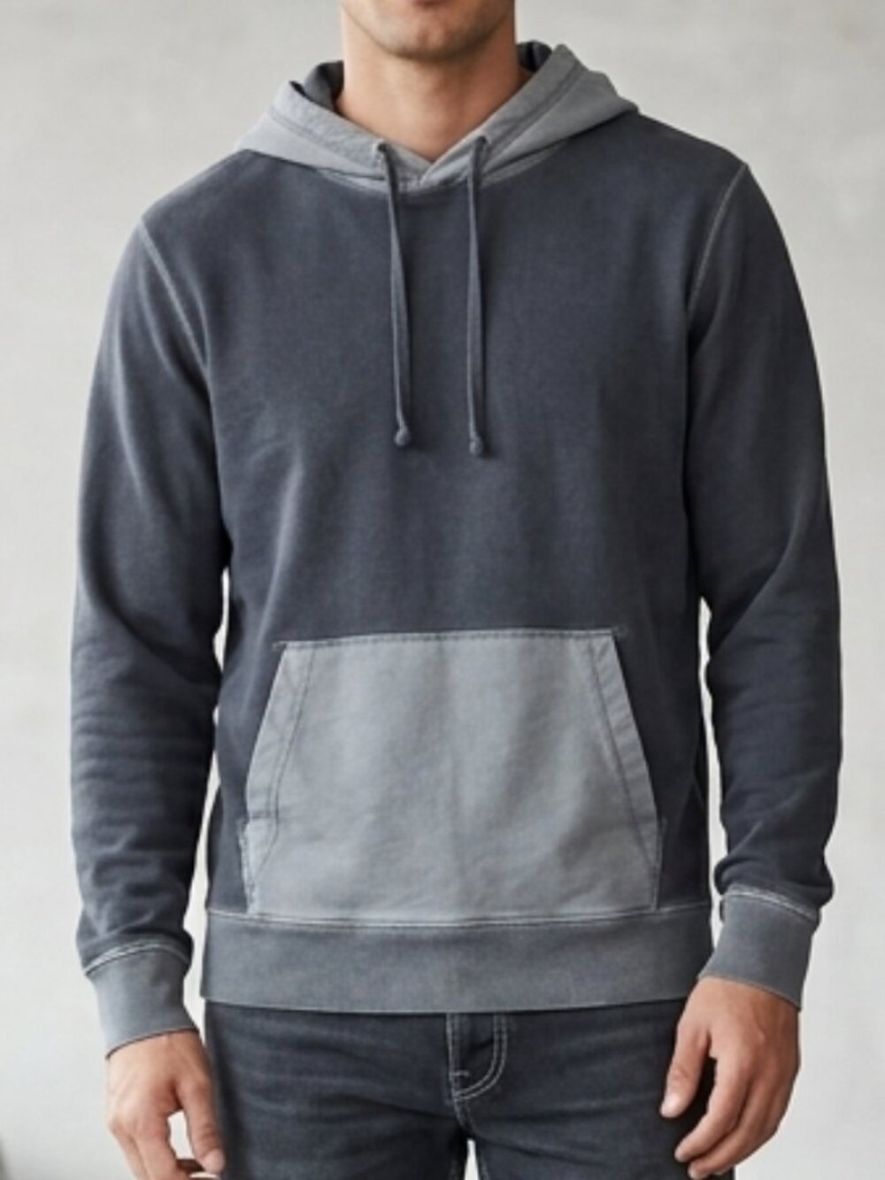 Pigment Dyed Gray Two-Tone Pullover Hoodie - Kangaroo Pocket M